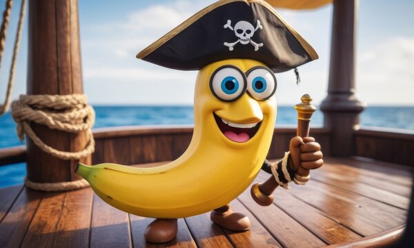 A jovial banana character in a pirate costume grips a cutlass on the deck of a ship. The image captures a lighthearted approach to the swashbuckling theme under a clear blue sky. AI generation