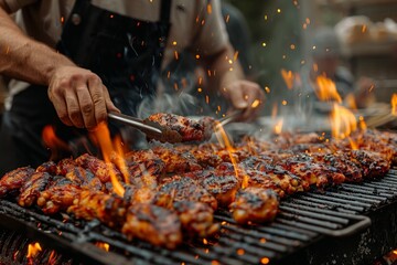 A close-up of various meats cooking on a grill with flames leaping and sparks flying, capturing the essence of outdoor cooking