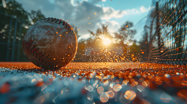 Weathered baseball on a dusty field with sparkling water droplets illuminated by a golden sunset