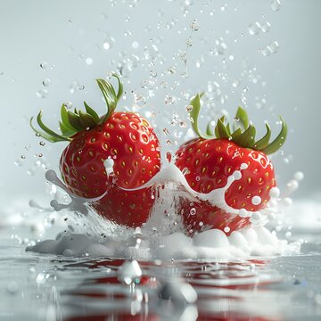 Fresh strawberries splashing in milk, vibrant food photography close-up. Perfect for culinary and advertising uses. Photo with a clear and modern style. AI