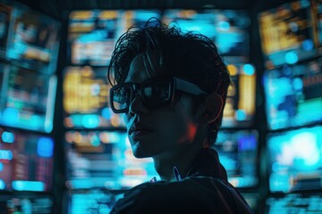 A man wearing glasses stands in front of a wall of television screens, analyzing data and infographics displayed on the screens.