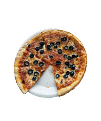A delicious pizza pie, with one slice missing. - obrazy, fototapety, plakaty