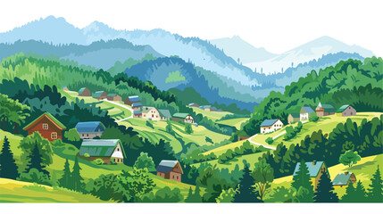 Rural view of Vorokhta village in Carpathian mountain - obrazy, fototapety, plakaty