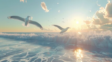 Obraz na płótnie Canvas Soaring Seagulls Over Tranquil Coastal Seascape with Vibrant Sunset Sky