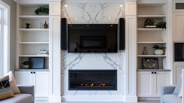 A close-up of a modern media wall with a built-in fireplace below the TV, framed by marble tiles and flanked by custom storage units for media equipment.