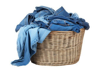Laundry Basket Filled With Clothes on White Background. On a White or Clear Surface PNG Transparent Background.