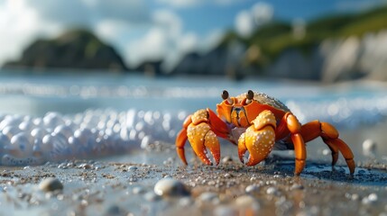 Hermit Crab Crawling on Tropical Beach with Crashing Waves and Shell