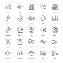 Sound and Noise vector icons set such as, ound waves, volume control, speaker, headphones, audio symbol, stock illustration