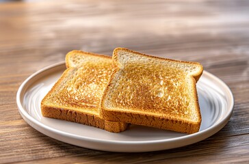 Close up of slices toasts on white plate isolated on wooden table