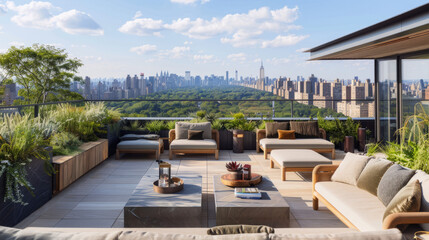 Elevated outdoor terrace space offering panoramic views of a vast city skyline surrounded by greenery