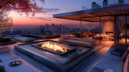 A serene urban oasis featuring a glowing fire pit, comfortable seating, and a stunning sunset over the city skyline - obrazy, fototapety, plakaty