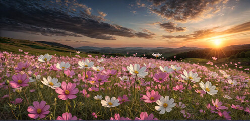 A natural and serene scenery of a colorful flower meadow in full bloom. A fresh image flower field filled with pink and white cosmos blooms, mountain in background on a sunset with amazing sky