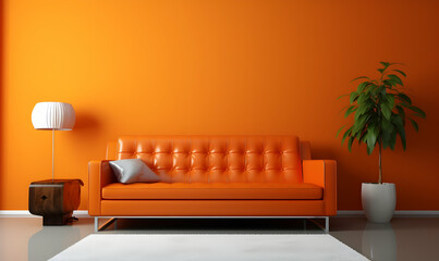 Orange living room with orange sofa and orange wall, 3d rendering