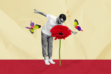 Composite trend artwork sketch image 3D photo collage of black white young guy smell huge gerbera...