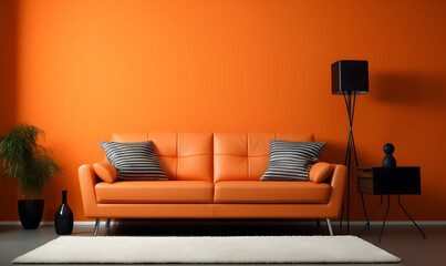 Orange living room with orange sofa and orange wall, 3d rendering