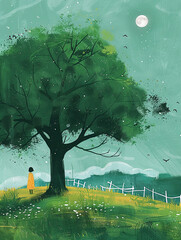 A large green tree with lush grass. AI generative