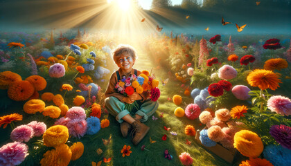 a happy child sits on a flower meadow - obrazy, fototapety, plakaty