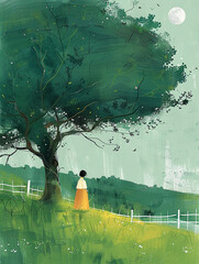 A large green tree with lush grass. AI generative