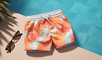 Swimming trunks with sunglasses and pineapple on the edge of a swimming pool