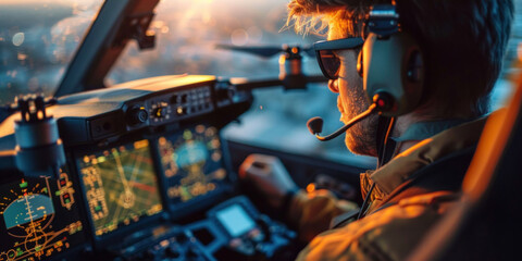 A man, wearing a headset, is seated inside the cockpit of a plane, focusing on operating the controls. - obrazy, fototapety, plakaty