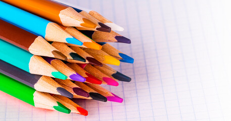 Group of multicolor pencils on white checkbook in a cage , close up shot - obrazy, fototapety, plakaty