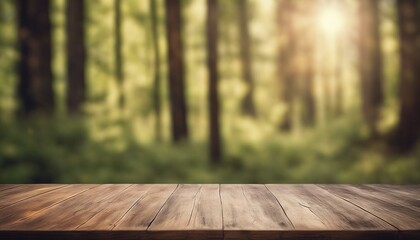 An empty wooden table set against a blurred backdrop of a sunlit forest, ideal for showcasing products in a tranquil, natural ambiance. - obrazy, fototapety, plakaty