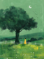 A large green tree with lush grass. AI generative