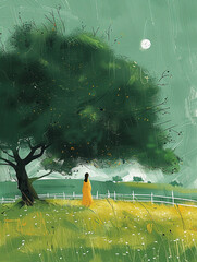 A large green tree with lush grass. AI generative