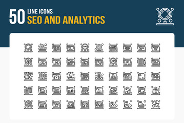 Set of 50 Seo And Analytics icons related to Search, Analytics, SEO, Keywords Line Icon collection - obrazy, fototapety, plakaty