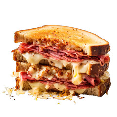 Pastrami Reuben style sandwich with sauerkraut and Swiss cheese png