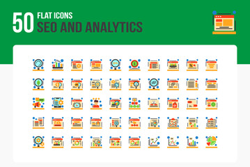 Set of 50 Seo And Analytics icons related to Search, Analytics, SEO, Keywords Flat Icon collection
