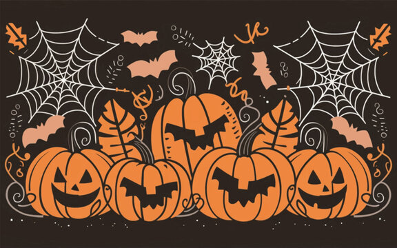 Halloween background with bats, spiders and pumpkins. Vector illustration.