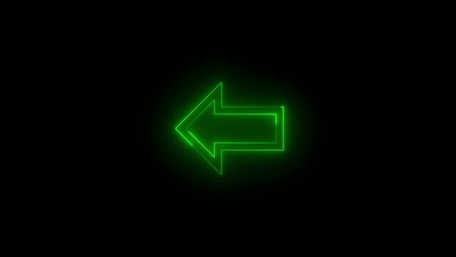 Neon glowing green color left direction arrow icon animation black background