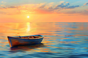 summer seascape boat on the sea on the sunset - obrazy, fototapety, plakaty