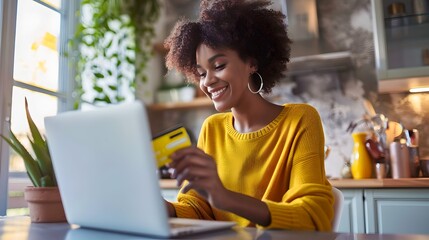 Smiling woman shopping online using credit card at home. Casual style, bright interior, ecommerce concept. Joyful online consumerism. AI