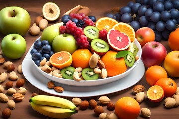 Healthy vegetarian bowl dish with fresh fruits and nuts