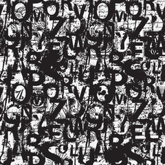 Seamless pattern with alphabet letters in black and white paint splashes, blots and handwritten text. Abstract vector background with latin letters. Suitable for wallpaper, wrapping paper - 770546182