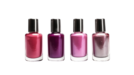 Three Bottles of Nail Polish Arranged Together. On a White or Clear Surface PNG Transparent Background.