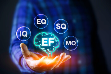 EF (Executive Functions), EF, IQ, EQ, SQ, and MQ icon at hand. Young children's brain skills It plays an important role in other skills such  IQ, EQ, SQ, and MQ grow with quality and success in life.