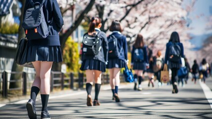 桜並木の道を歩く女子高生・女子中学生