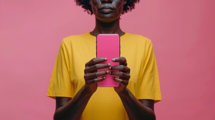 Portrait in the middle part: the hands of an African-American woman showing off a modern smartphone in a bright pink casing. 