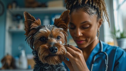 Caring African American woman veterinarian giving ear medicine to cooperative terrier - obrazy, fototapety, plakaty