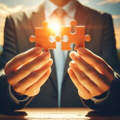 A businessman holding two puzzle pieces against a sunrise, representing opportunity and connection. The imagery implies strategic solutions and new beginnings. AI generation