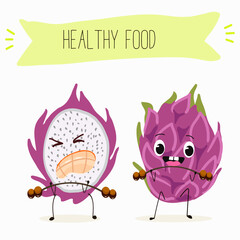 Cute characters pitaya, dragon fruit, pitahaya with different activities. Flat vector illustration, funny fruits. Smiling mascot for kids menu decoration.