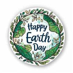 Happy earth day sticker with green globe and leaves decoration isolated - obrazy, fototapety, plakaty