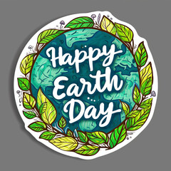 Happy earth day sticker with green globe and leaves decoration isolated - obrazy, fototapety, plakaty