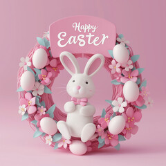 easter bunny with easter eggs sitting on decorated pink easter wreath isolated on pink background - obrazy, fototapety, plakaty