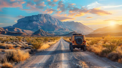 An SUV travels down a dusty road in a vast desert landscape, with the sun setting behind majestic mountains, under a sky painted with hues of orange and blue - Powered by Adobe