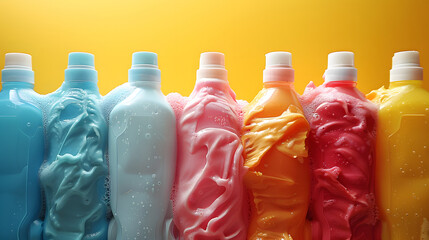 Row of colorful laundry detergent bottles with soapy suds against a bright yellow background, symbolizing cleanliness - obrazy, fototapety, plakaty