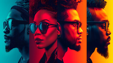Profile portraits of a fashionable man and woman with sunglasses in a striking blue and red duo tone lighting effect